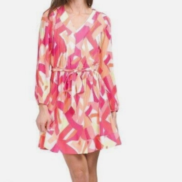 Nicole Miller Pink and Orange Patterned Pleated Mini Dress with Bishop Sleeves - Picture 7 of 8